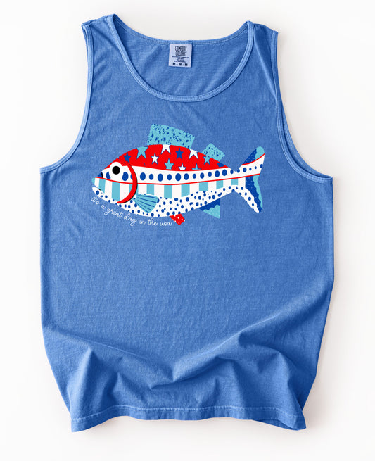Comfort Colors Red White Blue Fish Summer Tank/ Summer Beach Cover Up Vacation Summer Tank/ July 4th Tanks/ Memorial Day Tanks
