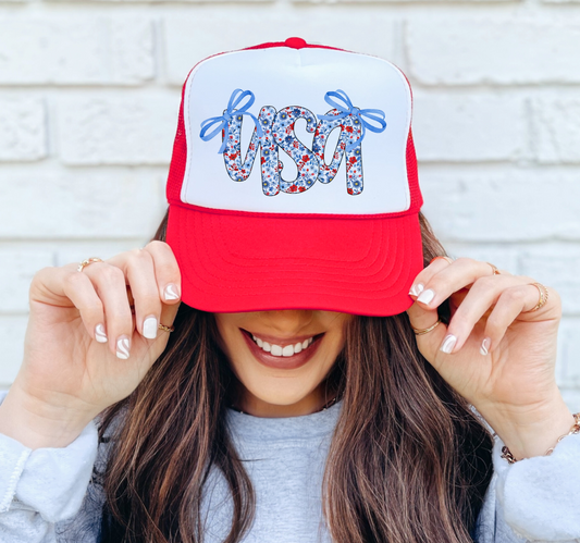 Red/ White Floral USA Bows Coquette Trucker Hat/July 4th Trucker Hats/ Memorial Day Hat