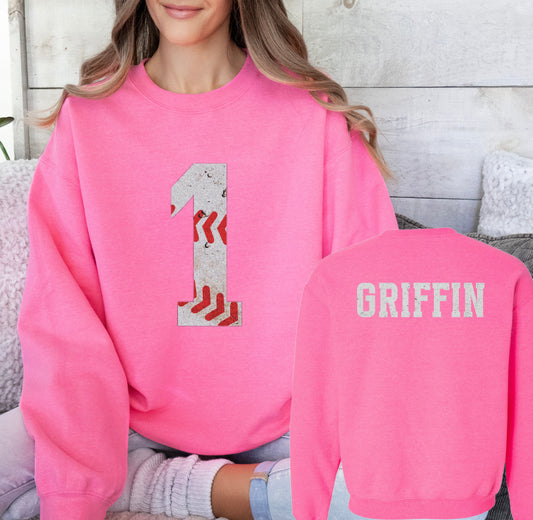 Safety Pink Back/Front Custom Vintage Baseball Sweatshirt - Baseball Mom/ Baseball Girlfriend/ Baseball Fan Shirt with Number