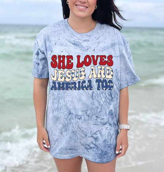 Comfort Colors Color Blast She Loves Jesus and America Too USA July 4th Memorial Day/ Unisex Comfort Colors Shirt