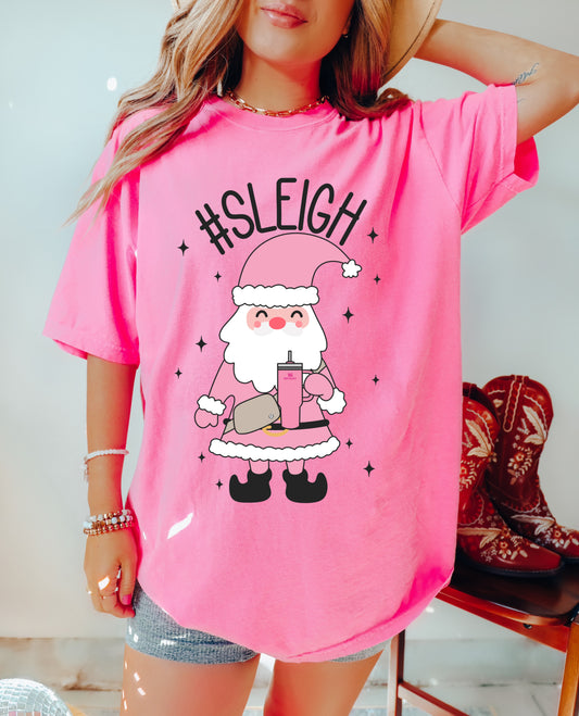 Bella or Comfort Colors Short Sleeved Pink Sleigh Santa Stanley Bumbag Tee -  Youth and Adult Sizes - Christmas Shirt