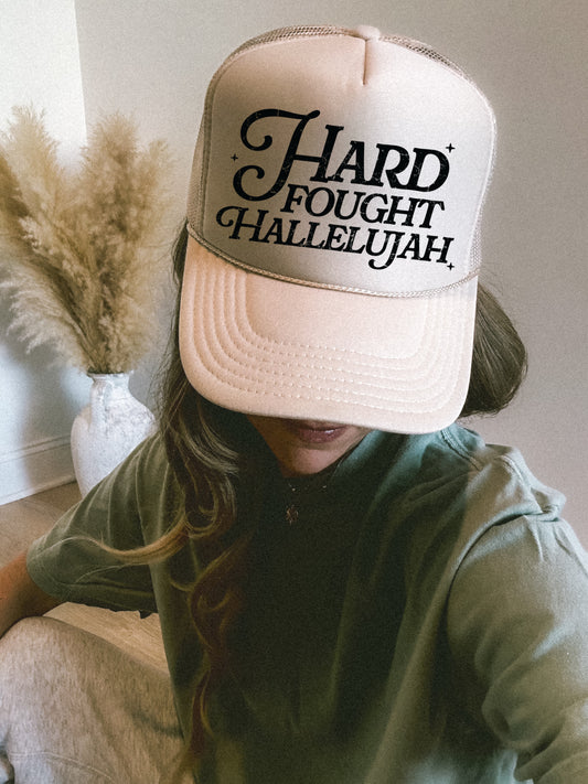 Sand Hard Fought Hallelujah Trucker Hat/ Trucker Hats/ Gifts for Her/ Religious Hats