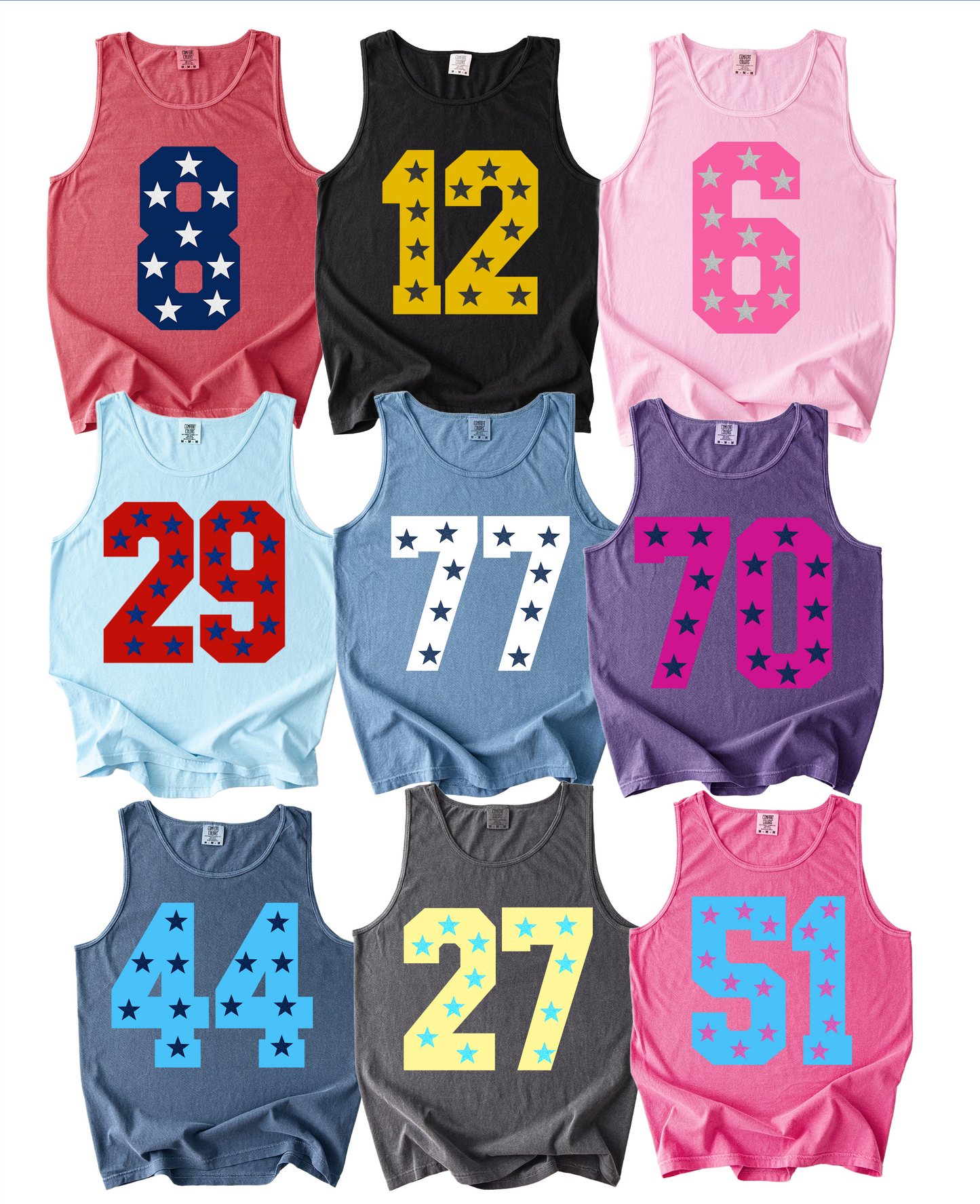 Custom Spirit Shirts - All Sports - Numbers with Faux Glitter Stars/ Comfort Colors Tank Tops