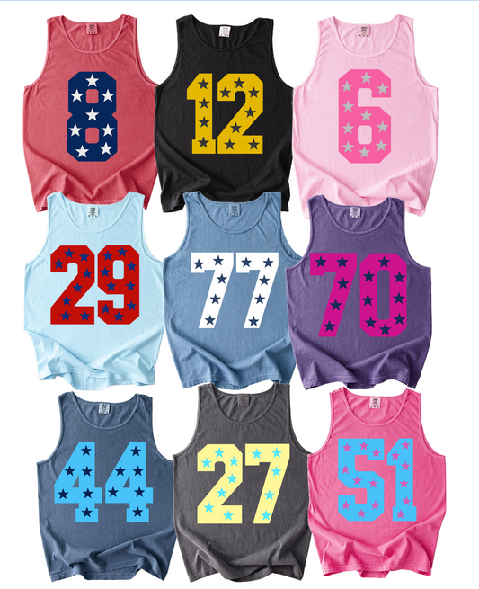 Custom Spirit Shirts - All Sports - Numbers with Faux Glitter Stars/ Comfort Colors Tank Tops