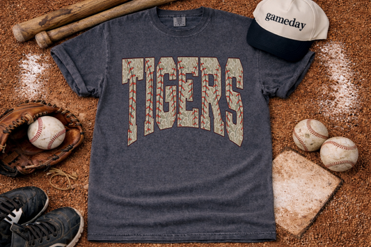 Cropped or Regular Length Comfort Colors Tigers Camo Baseball Shirt / Youth and Adult Sizes/Hernando Tigers Shirt