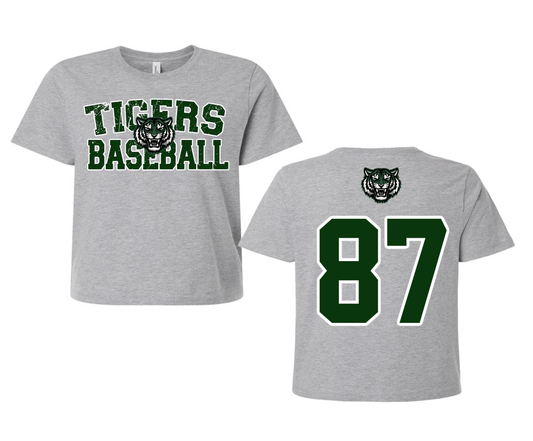 Tigers Baseball Boxy Crop with Number- Front/ Back Printed -Adult Sizing -Athletic Gray Color - Bella Canvas Brand