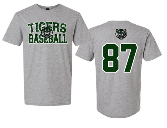 Tigers Baseball Tee with Number- Front/ Back Printed - Toddler/Youth/ Adult Sizing -Athletic Gray Gildan Softstyle Brand