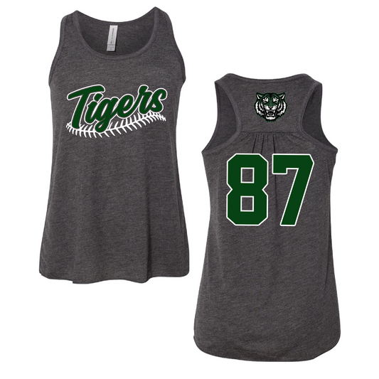 Tigers Baseball Tank with Number- Front/ Back Printed - Toddler/Youth/ Adult Sizing - Charcoal Color
