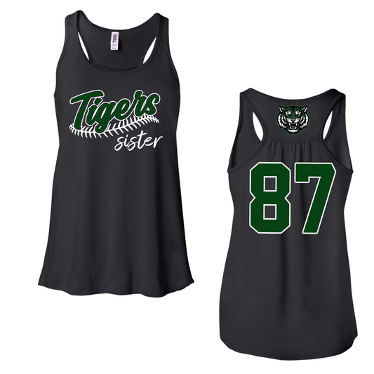 Tigers Baseball Sister Tank with Number- Front/ Back Printed - Toddler/Youth/ Adult Sizing - Black Color