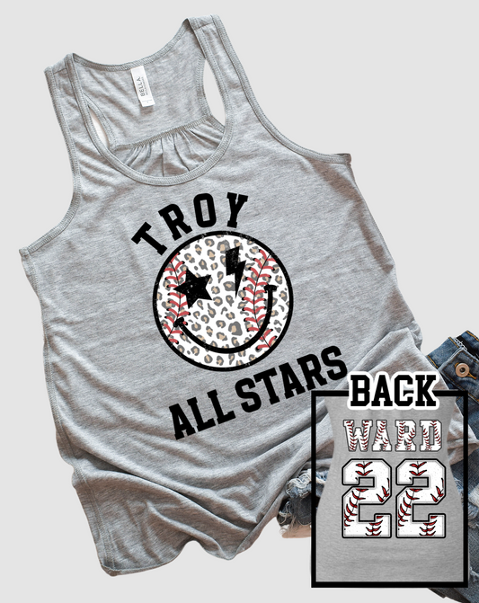 Front and Back Printed Troy Baseball Leopard Flowy Tank Adult Sizing / Troy Baseball Little League Shirts