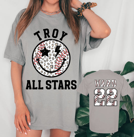 Front and Back Printed Troy Baseball Leopard Tee/ Bella or Comfort Colors / Troy Baseball Little League Shirts