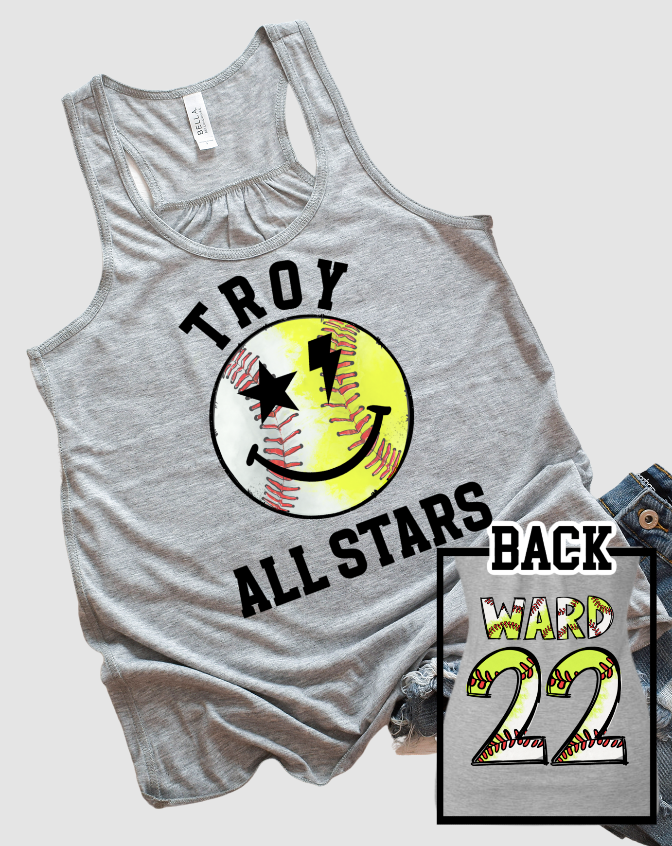 Front and Back Printed Troy Baseball/Softball Flowy Tank Adult Sizing / Troy Baseball Little League Shirts