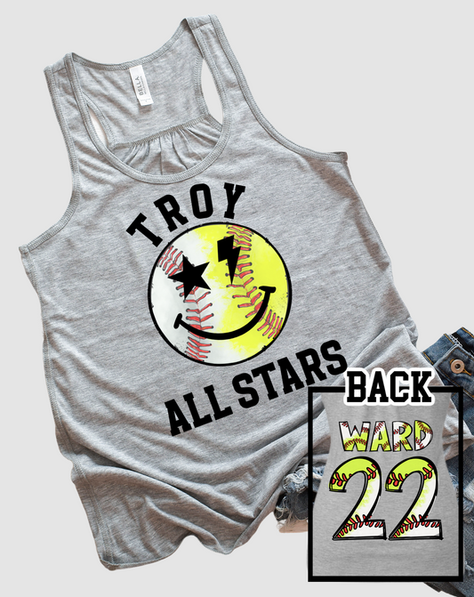 Front and Back Printed Troy Baseball/Softball Flowy Tank Adult Sizing / Troy Baseball Little League Shirts