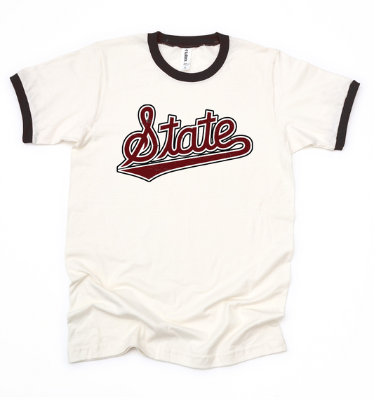 Distressed State Script Ringer Shirt/ Adult Sizes - Tultex Brand - Miss St