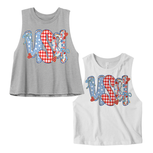 Bella Canvas Cropped USA Floral Tank Top / Memorial Day or July 4th Tank/ 4th Of July