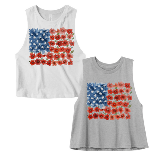 Bella Canvas Cropped USA Floral Tank Top / Memorial Day or July 4th Tank/ 4th Of July