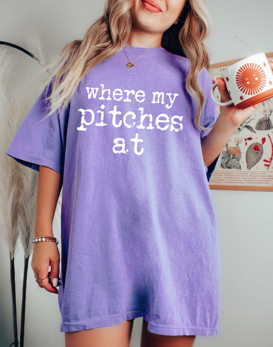 Purple Where My Pitches At Softball Tee/ Comfort Colors or Bella Canvas/ Youth and Adult Sizes
