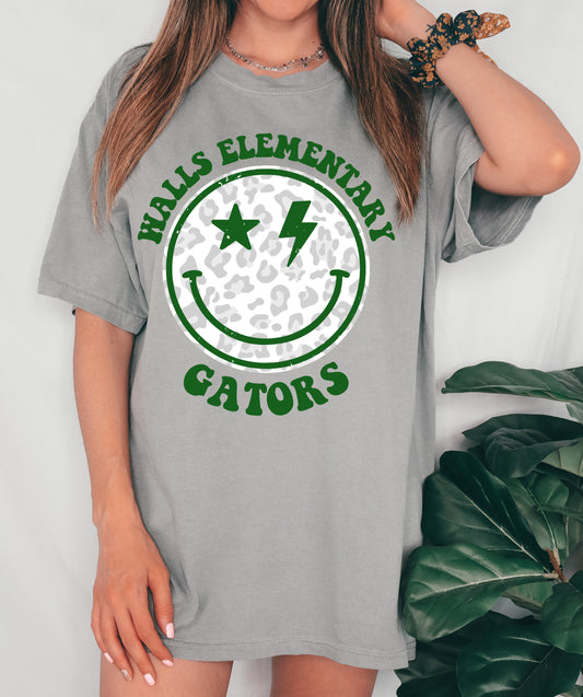 Wells Elementary Gators Distressed Smiley Unisex Tee / Toddler, Youth, and Adult Sizes / Mississippi School Shirt