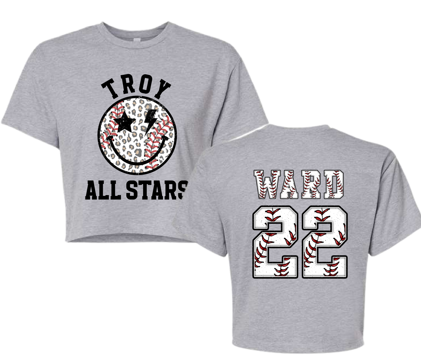 Front and Back Printed  Troy Baseball Leopard Cropped Tee/ Adult Sizing / Troy Baseball Little League Shirts