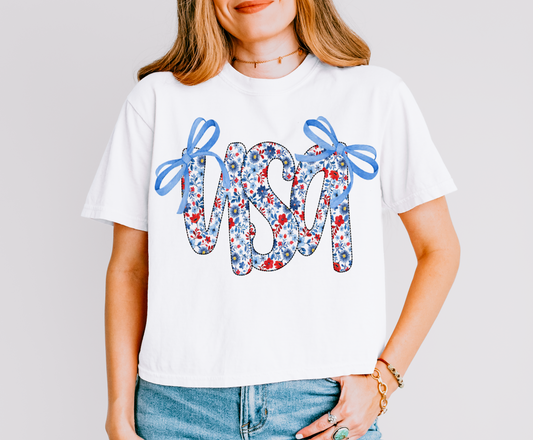 Comfort Colors Boxy Crop USA Floral Bow Tee / Memorial Day or July 4th Tee/ 4th Of July