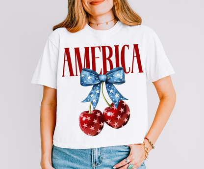 Comfort Colors Boxy Crop America Bow Cherries Tee / Memorial Day or July 4th Tee/ 4th Of July