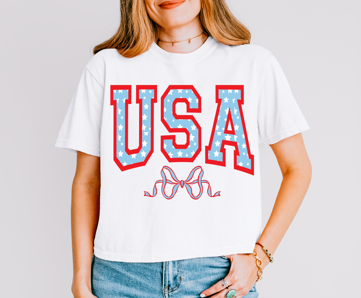 Comfort Colors Boxy Crop USA Bow Tee / Memorial Day or July 4th Tee/ 4th Of July