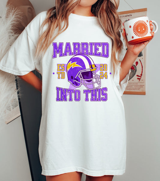 Comfort Colors or Bella Canvas Funny Married Into This Football Shirt (LSU Colors) Purple Gold