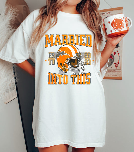 Comfort Colors or Bella Canvas Funny Married Into This Football Shirt ( Vols Colors) Orange Gray