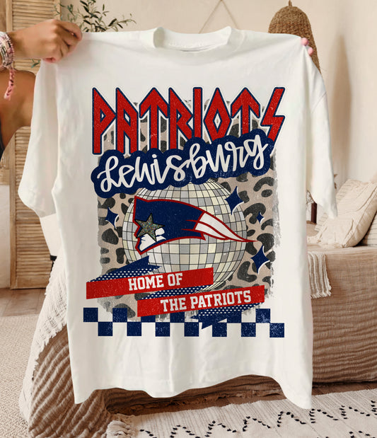 Ivory or White Bella or Comfort Colors Retro Leopard Disco Ball Lewisburg Patriots Shirt/ Lewisburg Patriots /Youth and Adult Sizes
