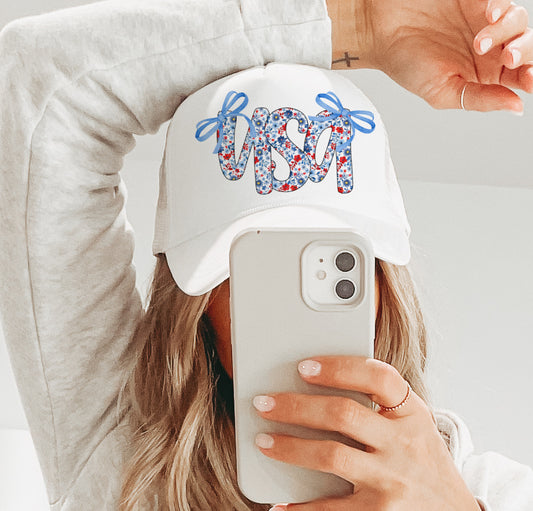 Floral USA Bows Coquette Trucker Hat/July 4th Trucker Hats/ Memorial Day Hat