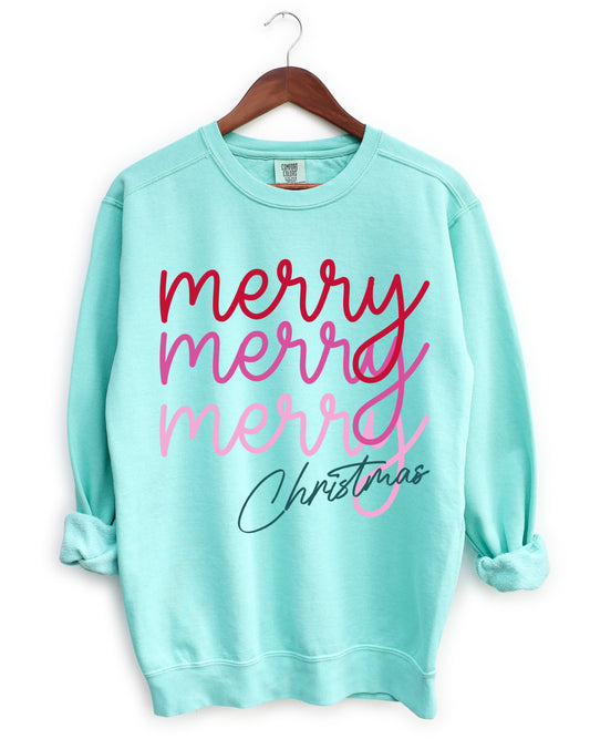 Comfort Colors Chalky Mint Merry Merry Merry Christmas Sweatshirt - Adult Sizes