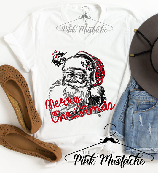 V-Neck Family Merry Christmas Vintage Santa Shirt/ Short Sleeve Softstyle Tees / Youth and Adult sizing