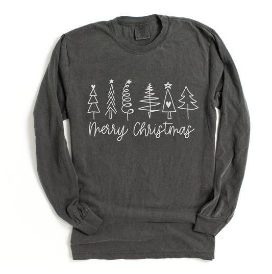 Comfort Colors Long Sleeved Pepper Merry Christmas Trees Tee-  Adult Size - Christmas Shirt