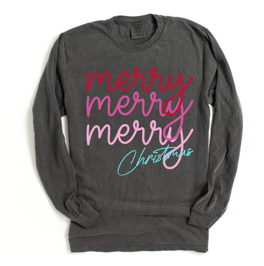 Bella or Comfort Colors Long Sleeve Merry Merry Merry Christmas Tee/ Long or Short Sleeve Options