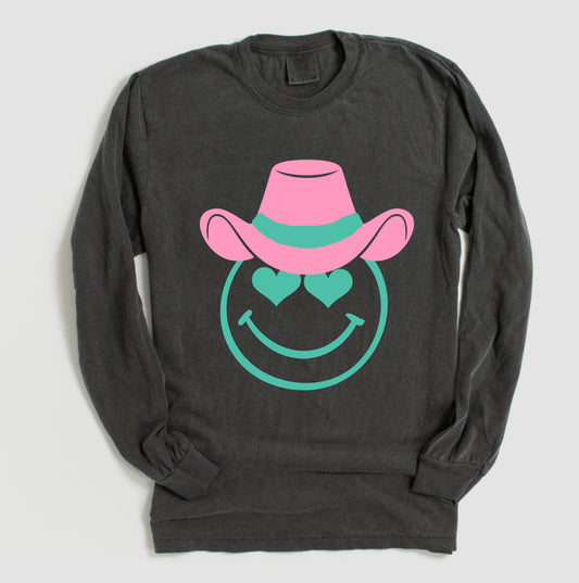Long Sleeve Comfort Colors Cowboy Smiley Valentines Shirt - Unisex Tee- Cowgirl Smiley - Youth and Adult Sizes