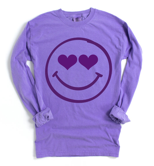 Long Sleeve Comfort Colors Purple Smiley Heart Eyes Valentines Day Retro Unisex Shirt/ Valentine's Shirt/ Valentines Day Tee