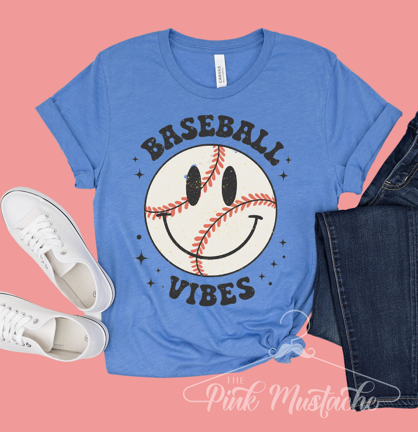 Blue Baseball Vibes Smiley Retro Tee -Unisex Toddler, Youth, and Adult Sized Baseball Shirt/ Softball Shirt/ Baseball Mom Tee