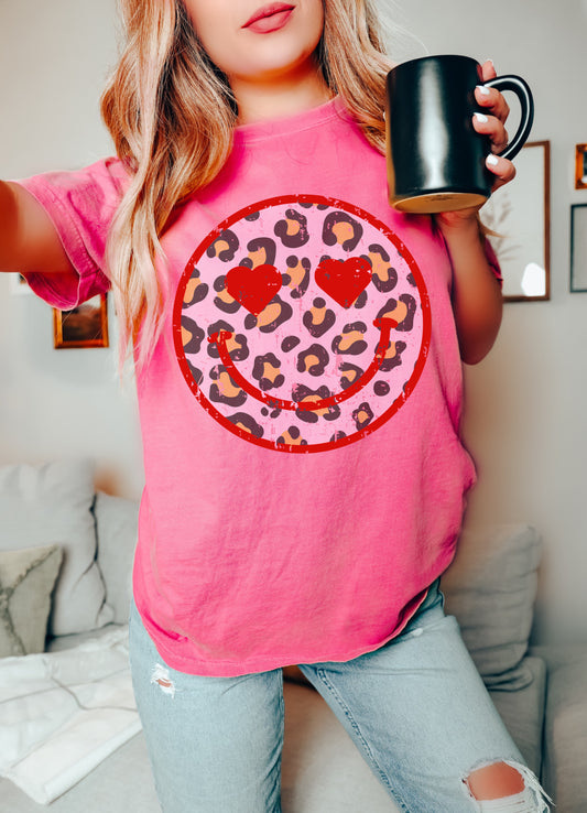 Bella Or Comfort Colors Pink Smiley Heart Leopard Valentines Day Unisex Shirt/ Valentine's Shirt/ Valentines Day Tee