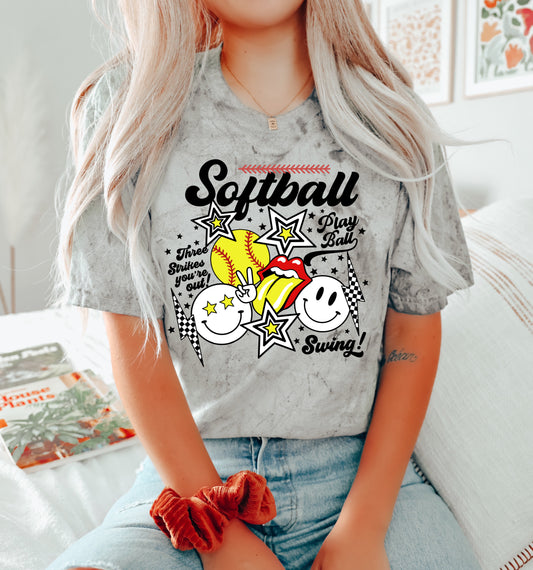 Comfort Colors Color Blast SoftballThree Strikes You're Out Tee/ Adult Tees / Vintage Inspired Tee