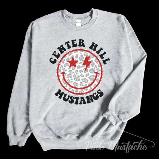 Center Hill Mustangs Distressed Smiley Unisex Sweatshirt / Toddler, Youth, and Adult Sizes/ Lewisburg -Desoto County Schools / Mississippi School Shirt