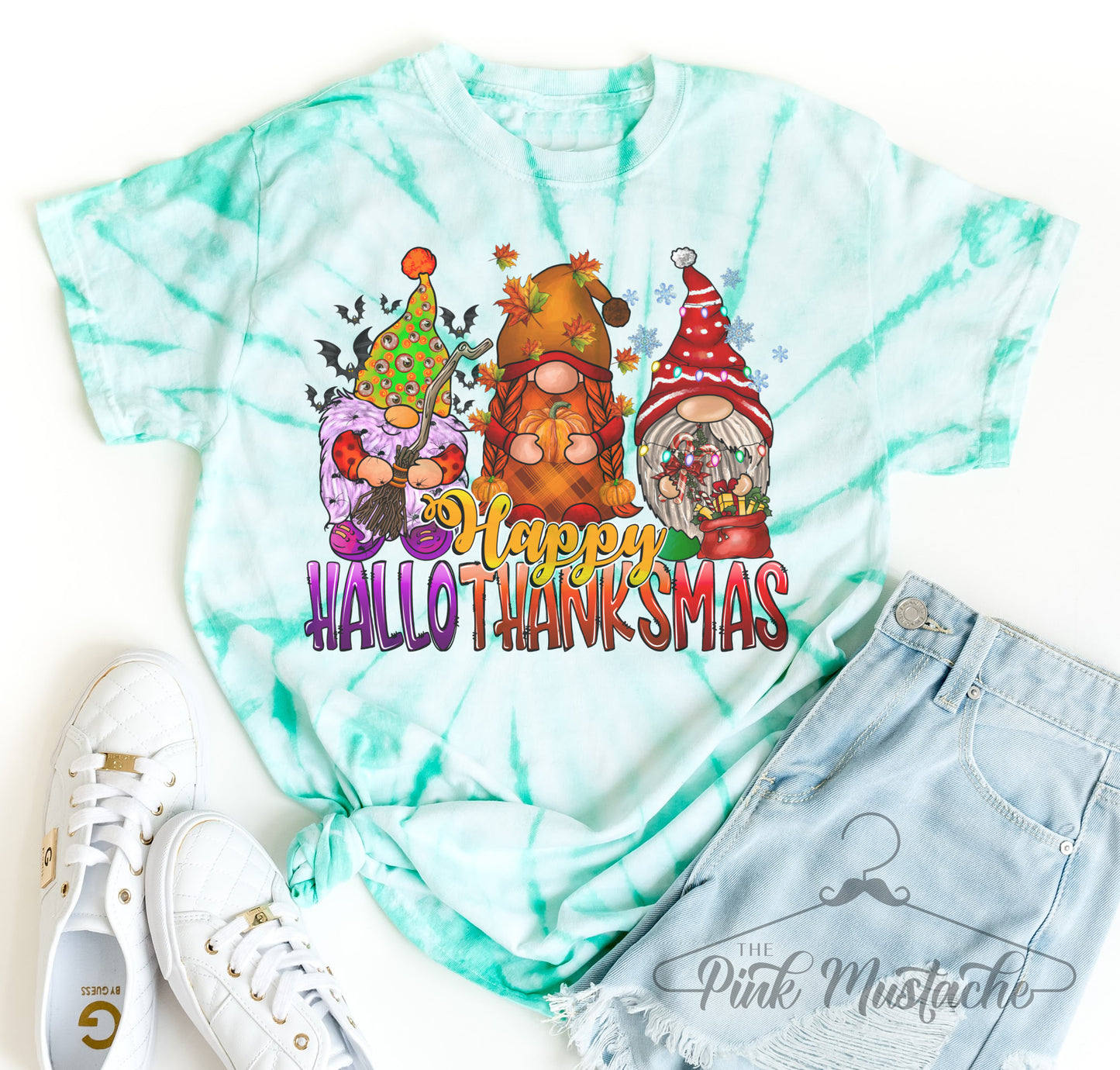 Happy Hallothanksmas Gnomes Pinwheel Tie Dye Tee/ Pinwheel Dyed Holiday Tee/ Multiple Colors