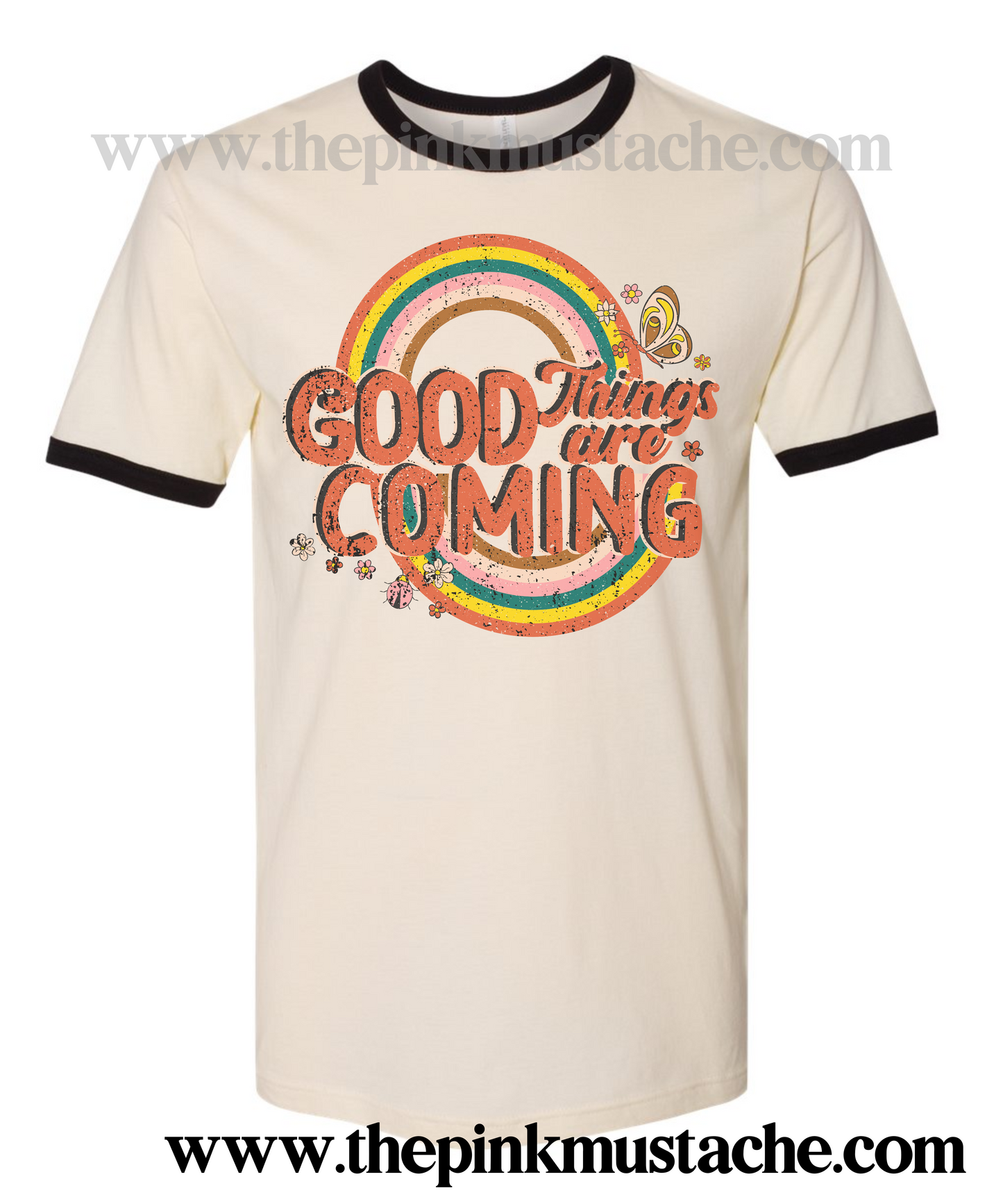 Good Things Are Coming Retro Ringer Tee- Retro Vibes Softstyle Shirt/ St. Patricks Day Rainbow Positive Vibes Tee