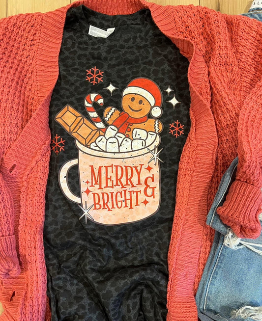 Youth and Adult Leopard Print Merry and Bright Hot Cocoa Gingerbread Shirt/ Funny Christmas Shirt