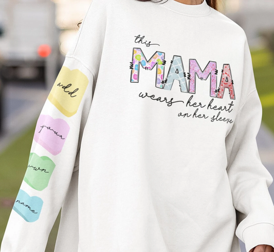This Mama Wears Her Heart On Her Sleeve - Bella, Comfort Colors, Or Gildan Options - With Names on the Sleeve - Valentines Gift
