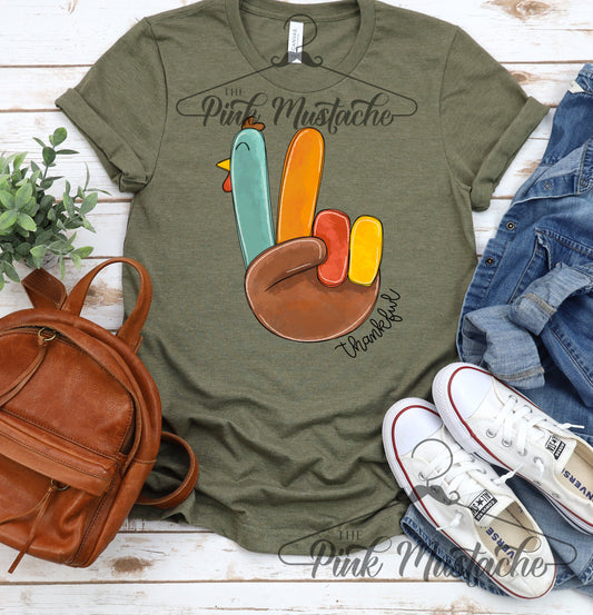 Thankful Turkey Hand Peace Sign Tee/ Youth and Adult Sizes