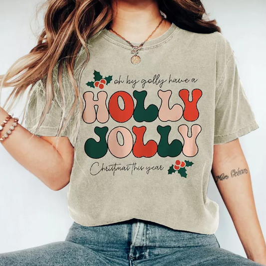 Bella or Comfort Colors Oh By Golly, Holly Jolly Christmas Tee/ Super Cute Christmas Shirt