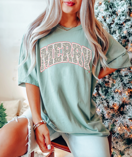 Bella or Comfort Colors Leopard Merry Tee/ Super Cute Christmas Shirt/ Multiple Colors