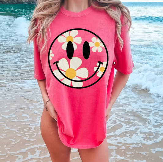 Watermelon Comfort Colors Daisy Smiley Face Tee/ Quality Retro Tee / Summer Cover Ups