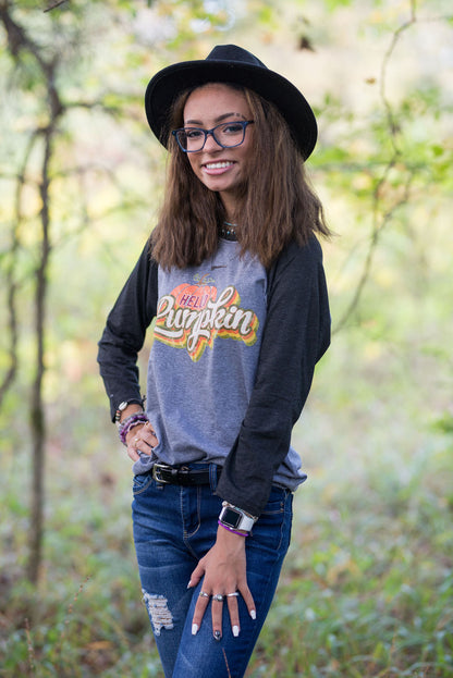 Hello Pumpkin Retro Fall Raglan Shirt/ Boutique Bella Canvas Raglan Tee/ Fall Layering Tee / Teachers Tee Youth and Adult Sizing