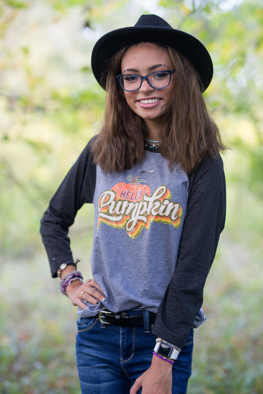 Hello Pumpkin Retro Fall Raglan Shirt/ Boutique Bella Canvas Raglan Tee/ Fall Layering Tee / Teachers Tee Youth and Adult Sizing